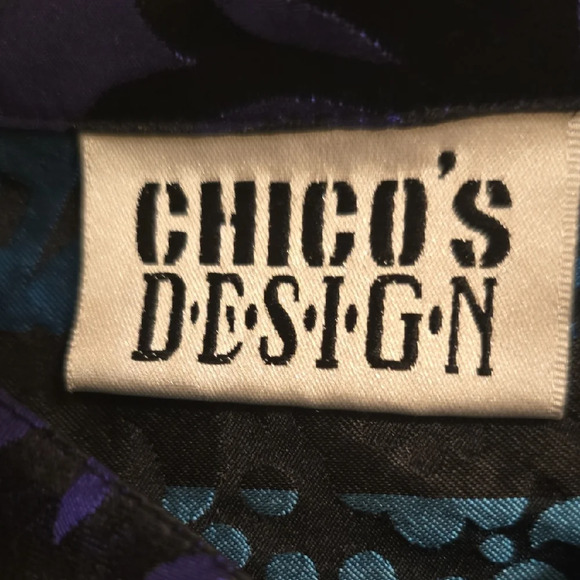 Chico's DESIGN Silk Black and Blue 3/4 Sleeve Button Down Blouse - Picture 2 of 15